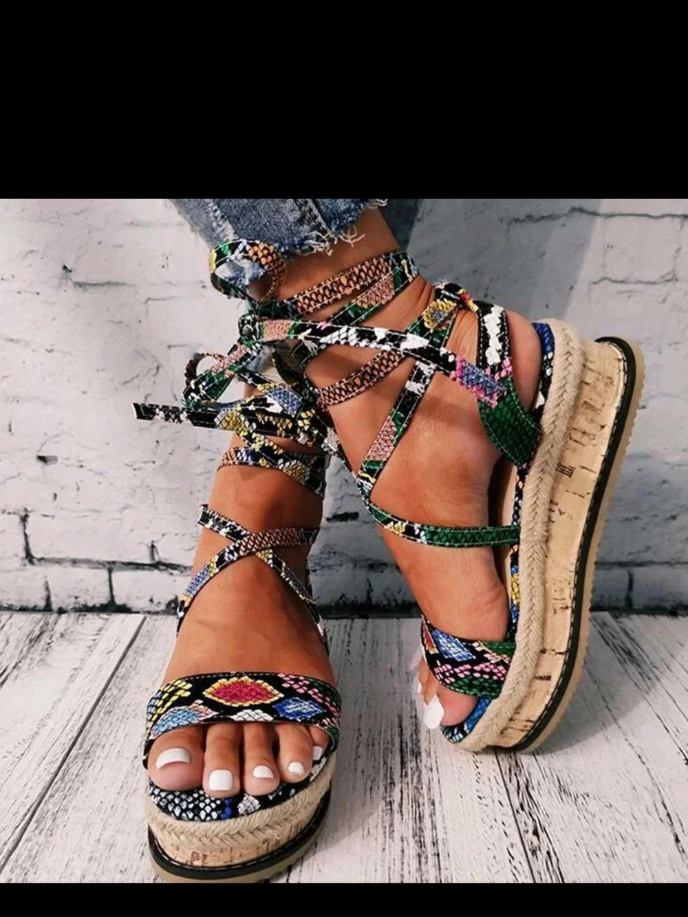 Women's Multicolor Snake-Print Lace-Up Wedge Sandals
